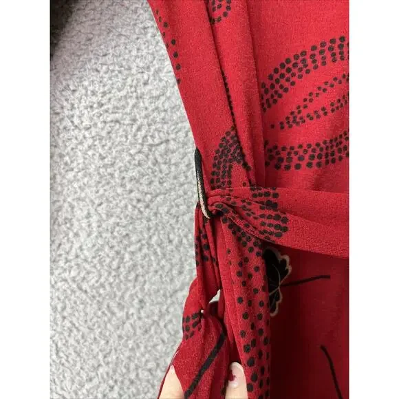 Tristan & Iseut Wrap Dress Small Knee Japanese Floral Red Ruffle Retro 70s Y2K - Picture 13 of 16